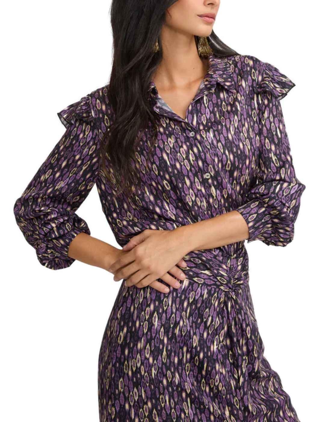 Camisa Silbon volantes estampado morado manga larga de mujer
