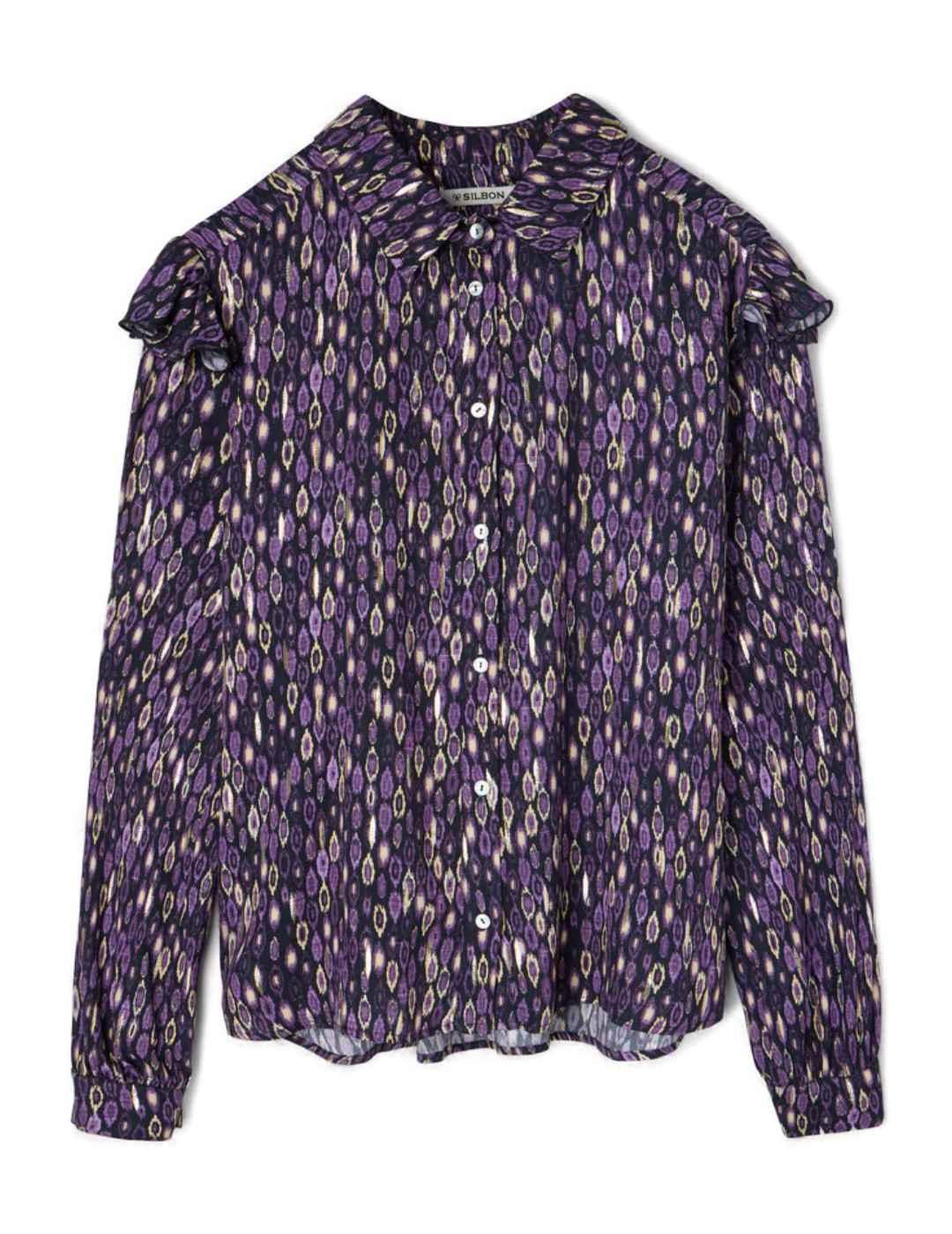 Camisa Silbon volantes estampado morado manga larga de mujer