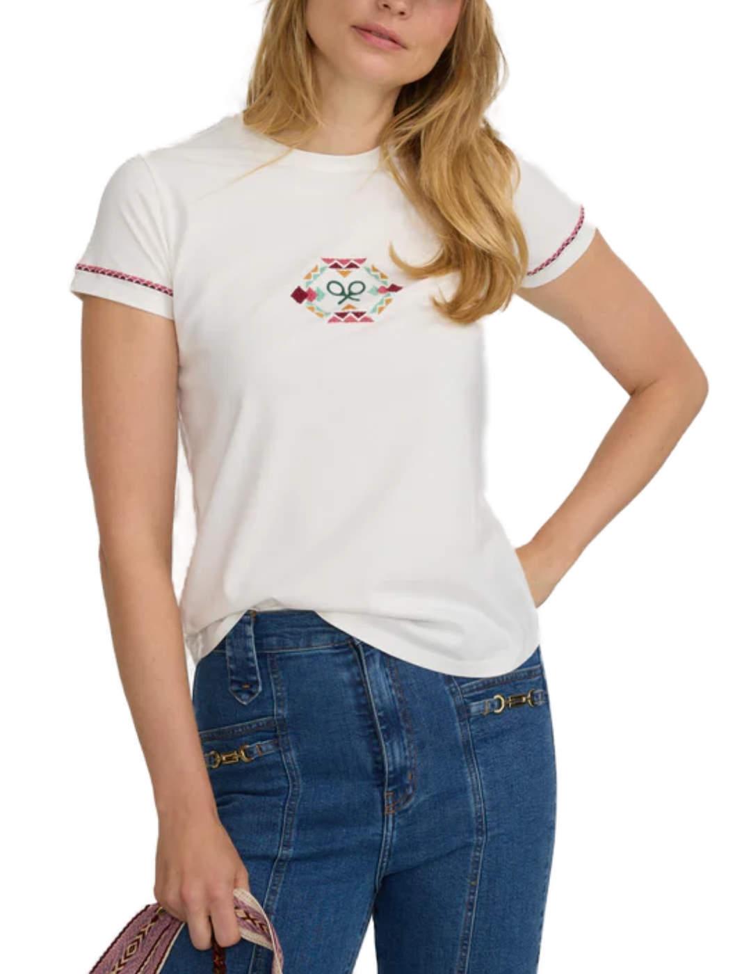Camiseta Silbon bordado étnico blanca manga corta de mujer