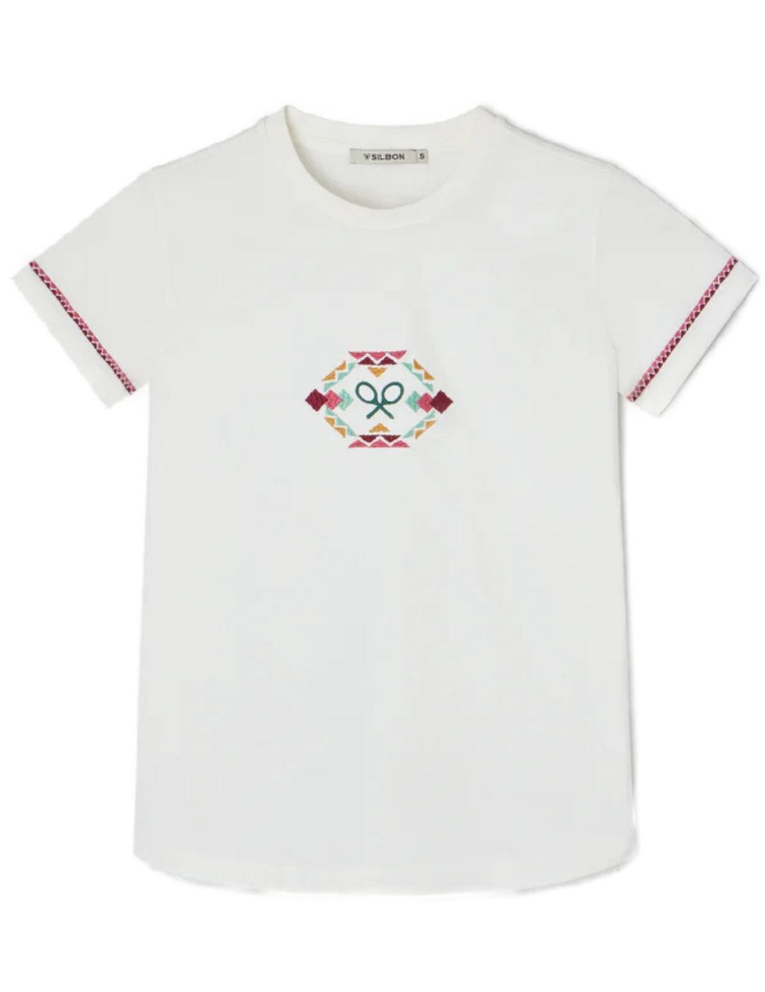 Camiseta Silbon bordado étnico blanca manga corta de mujer