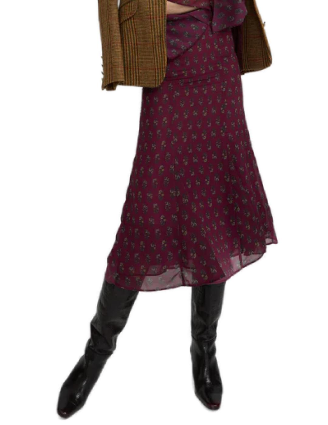 Falda Silbon midi estampado burdeos con flores para mujer