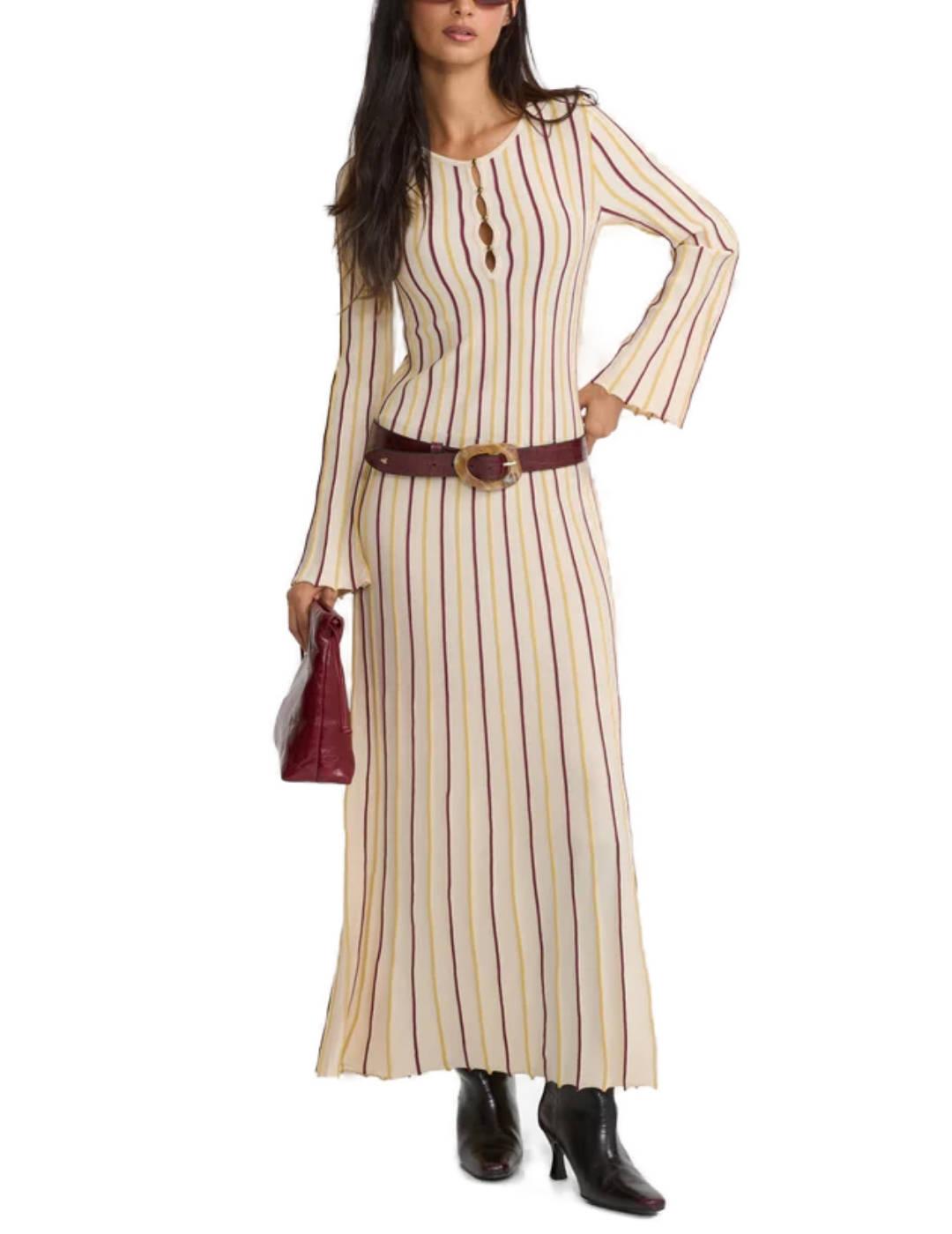 Vestido Silbon punto rayas beige escote de botones de mujer