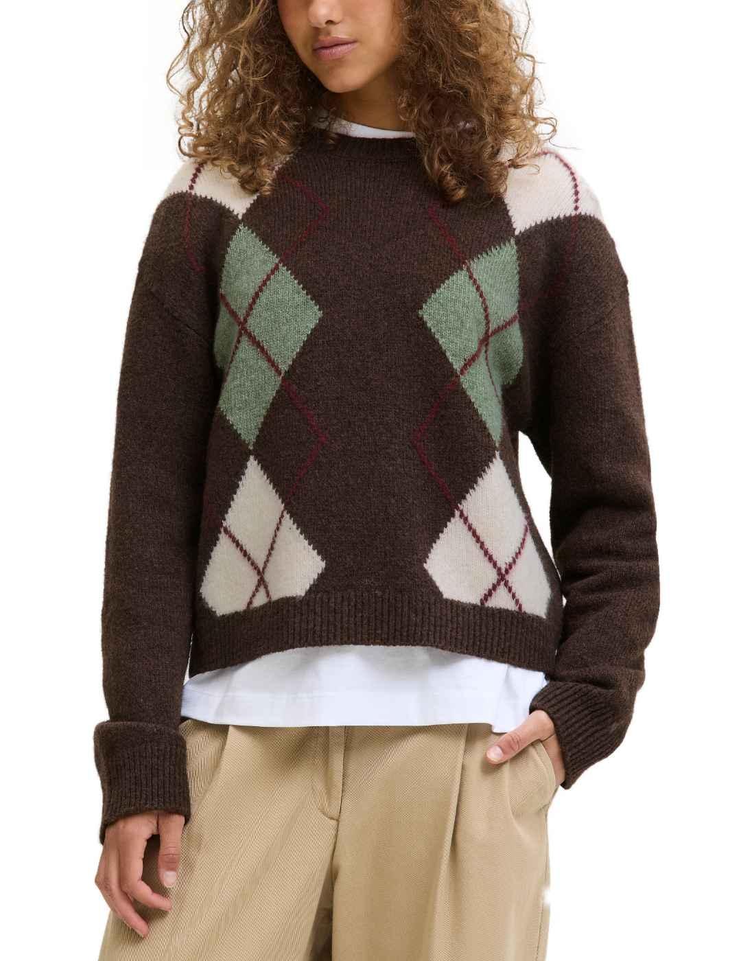 Jersey JJXX Harvi marrón chocolate con rombos para mujer