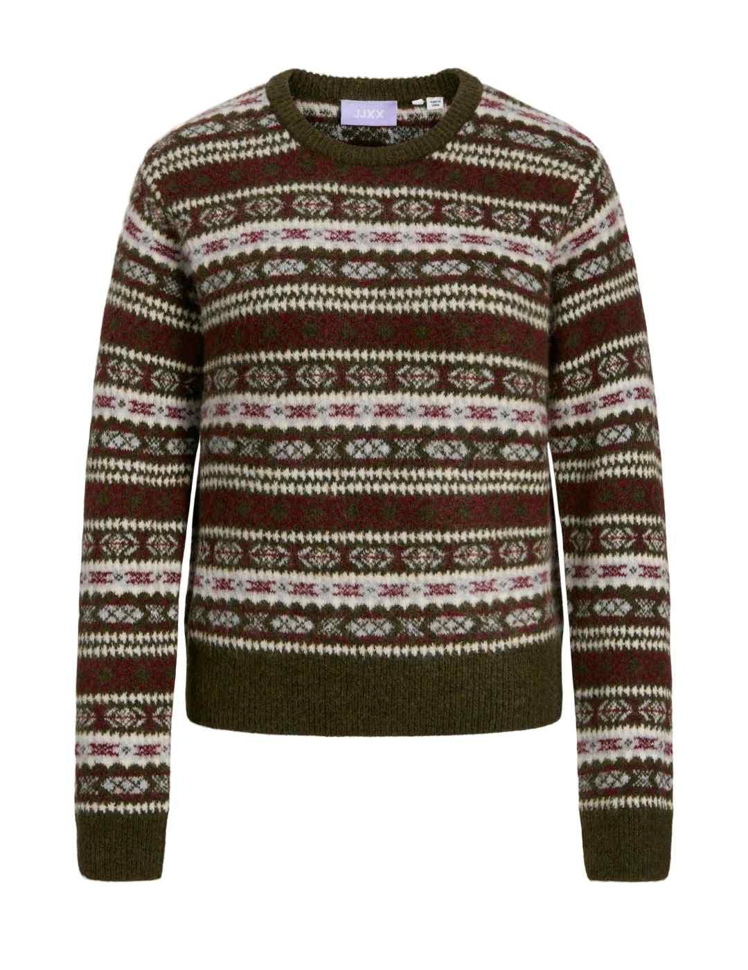 Jersey JJXX Fara grecas verde y granate punto para mujer