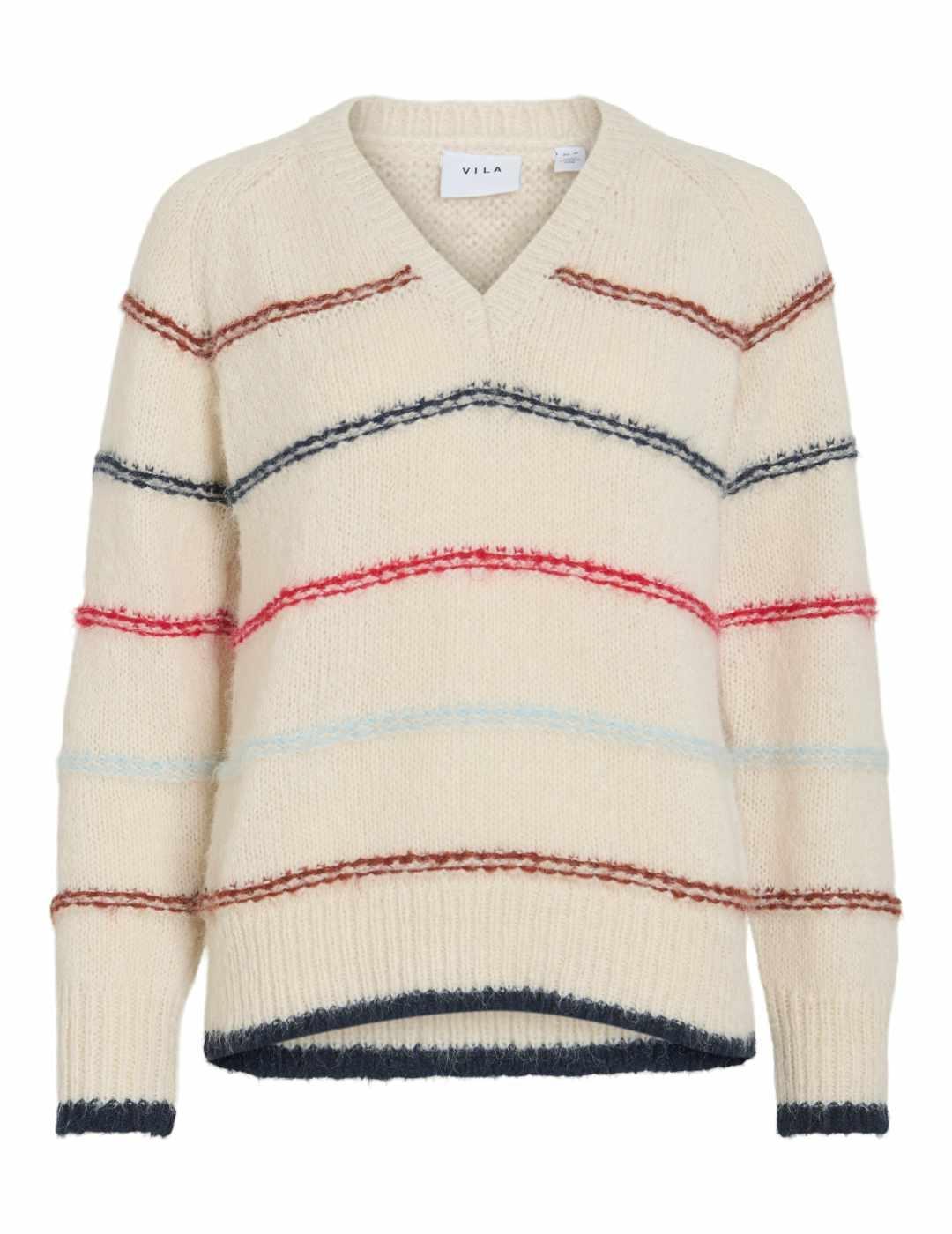 Jersey Vila Ellis beige con rayas cuello pico para mujer