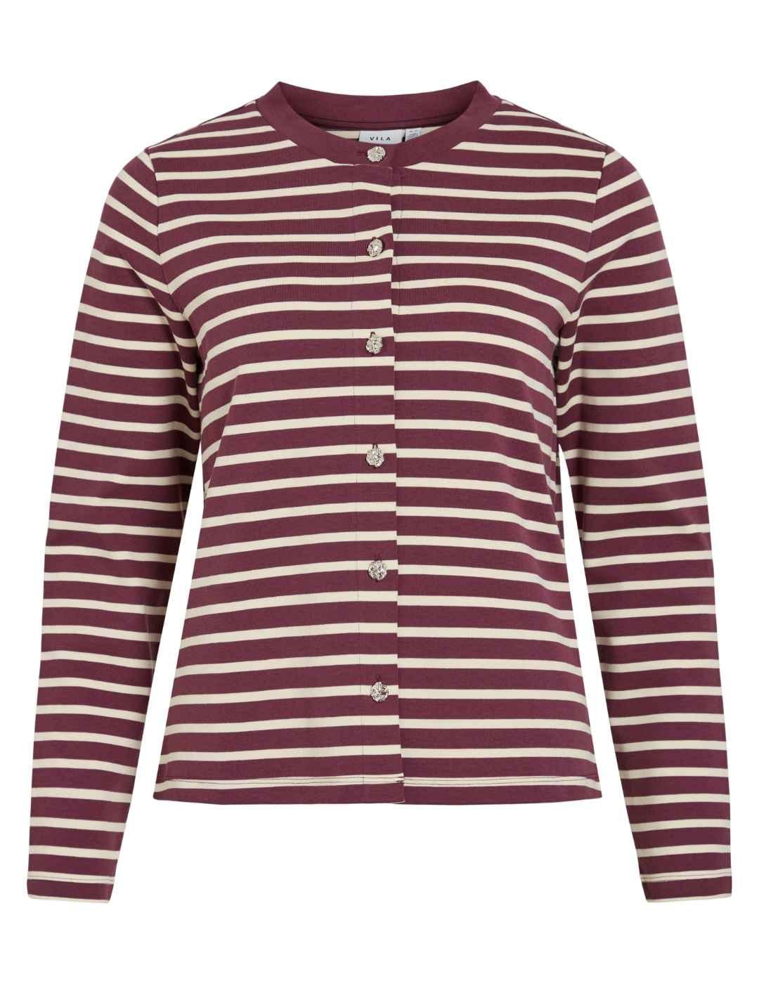 Cárdigan Vila Benoda burdeos rayas finas beige para mujer