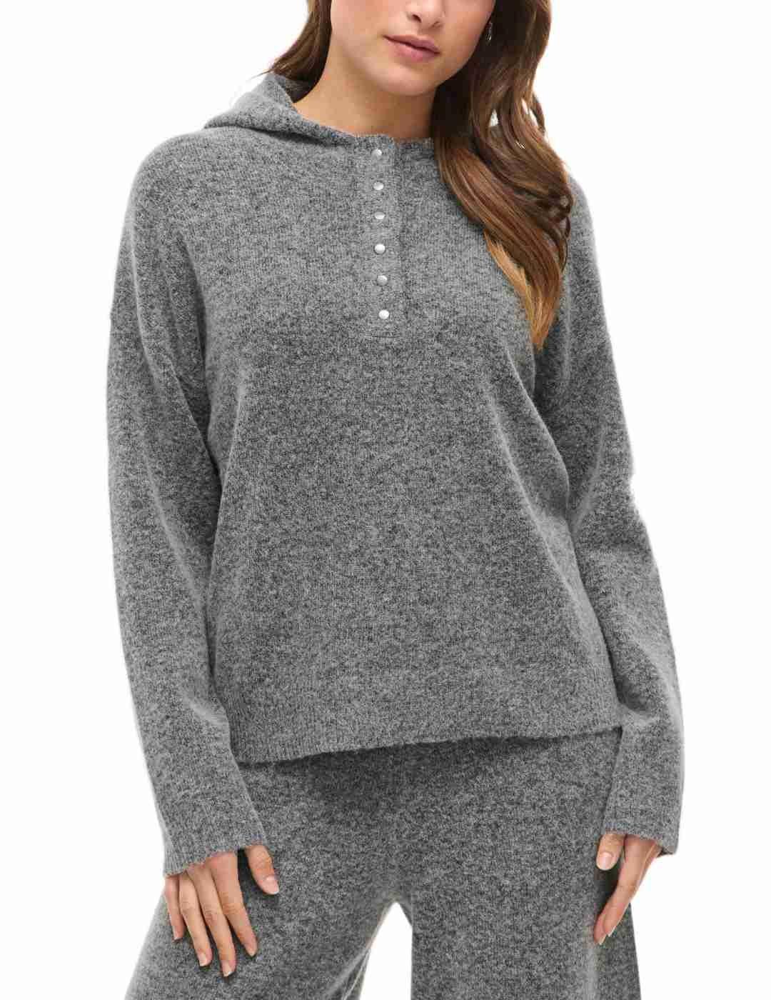 Sudadera Vila Casti gris jaspeado punto capucha de mujer
