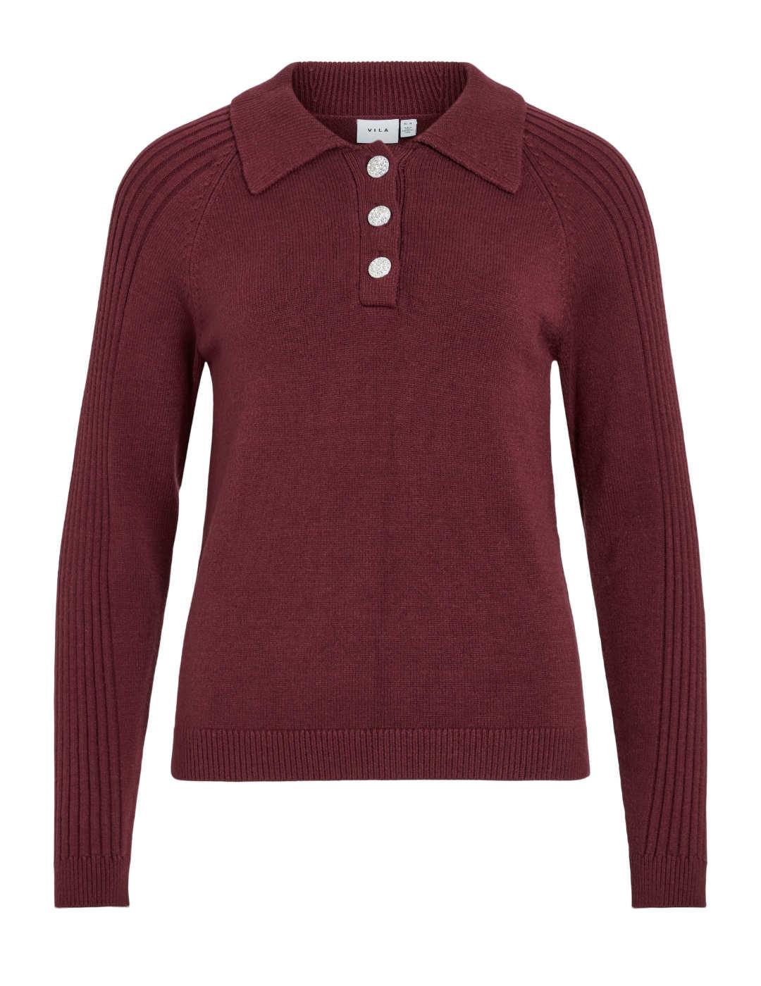 Jersey polo Vila Darja burdeos punto manga larga de mujer