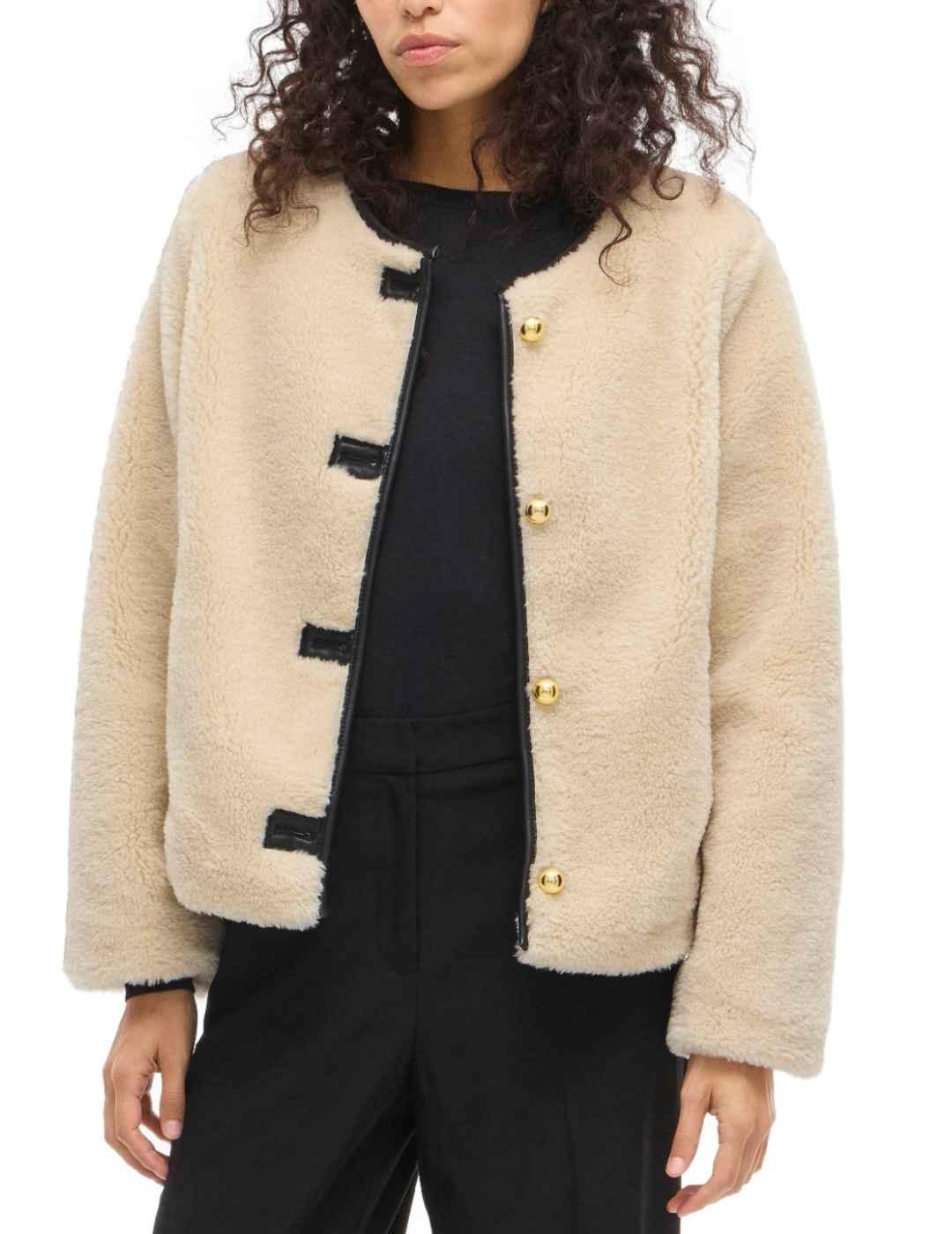 Chaqueta Vila Shup beige borreguito detalle polipiel mujer