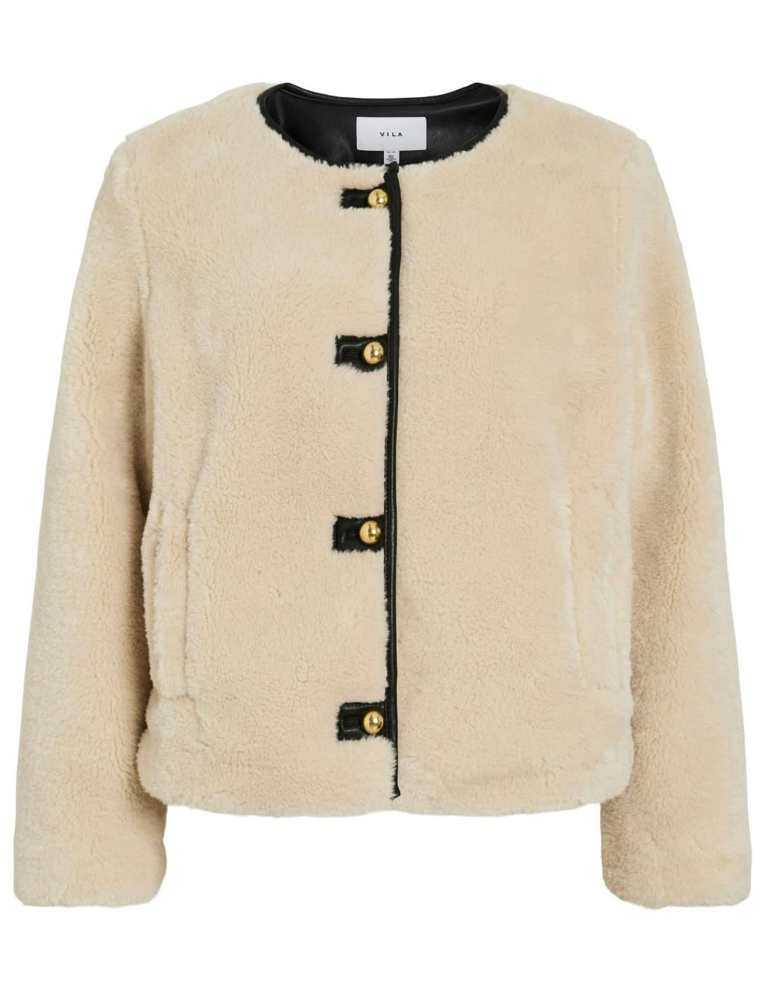Chaqueta Vila Shup beige borreguito detalle polipiel mujer