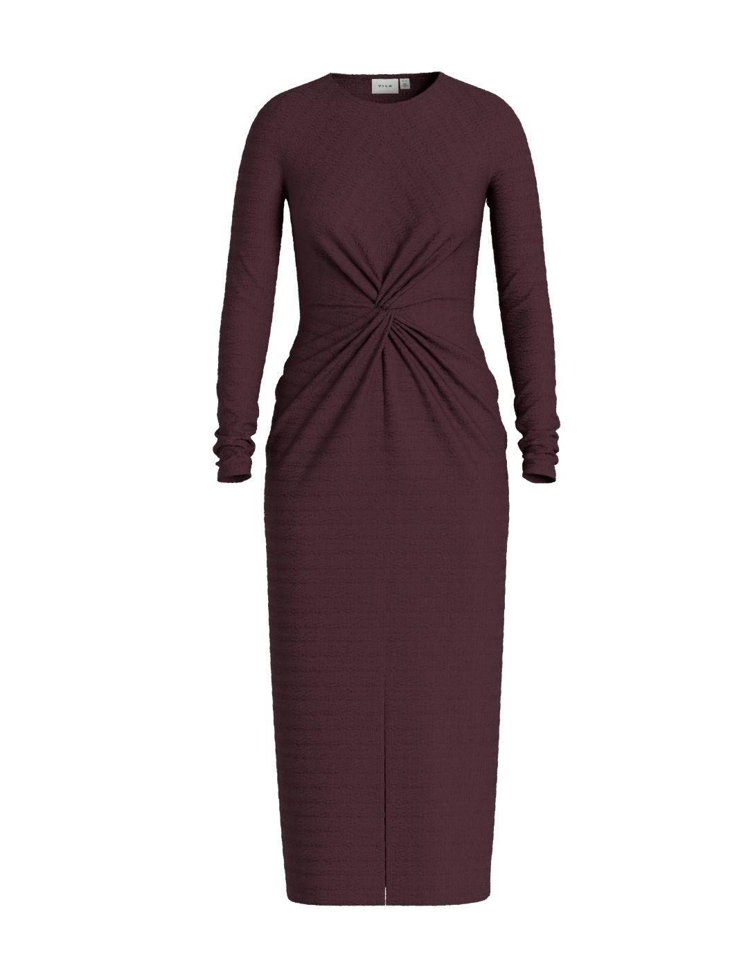 Vestido Vila Cavalina burdeos largo fruncido de mujer