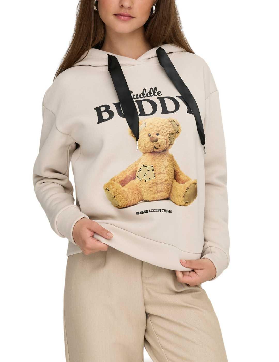 Sudadera Only Ricky beige dibujo osito capucha de mujer