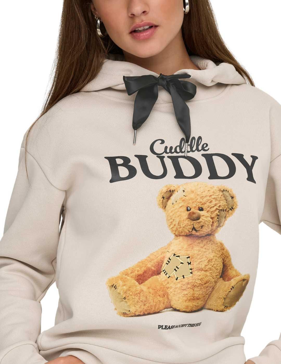 Sudadera Only Ricky beige dibujo osito capucha de mujer
