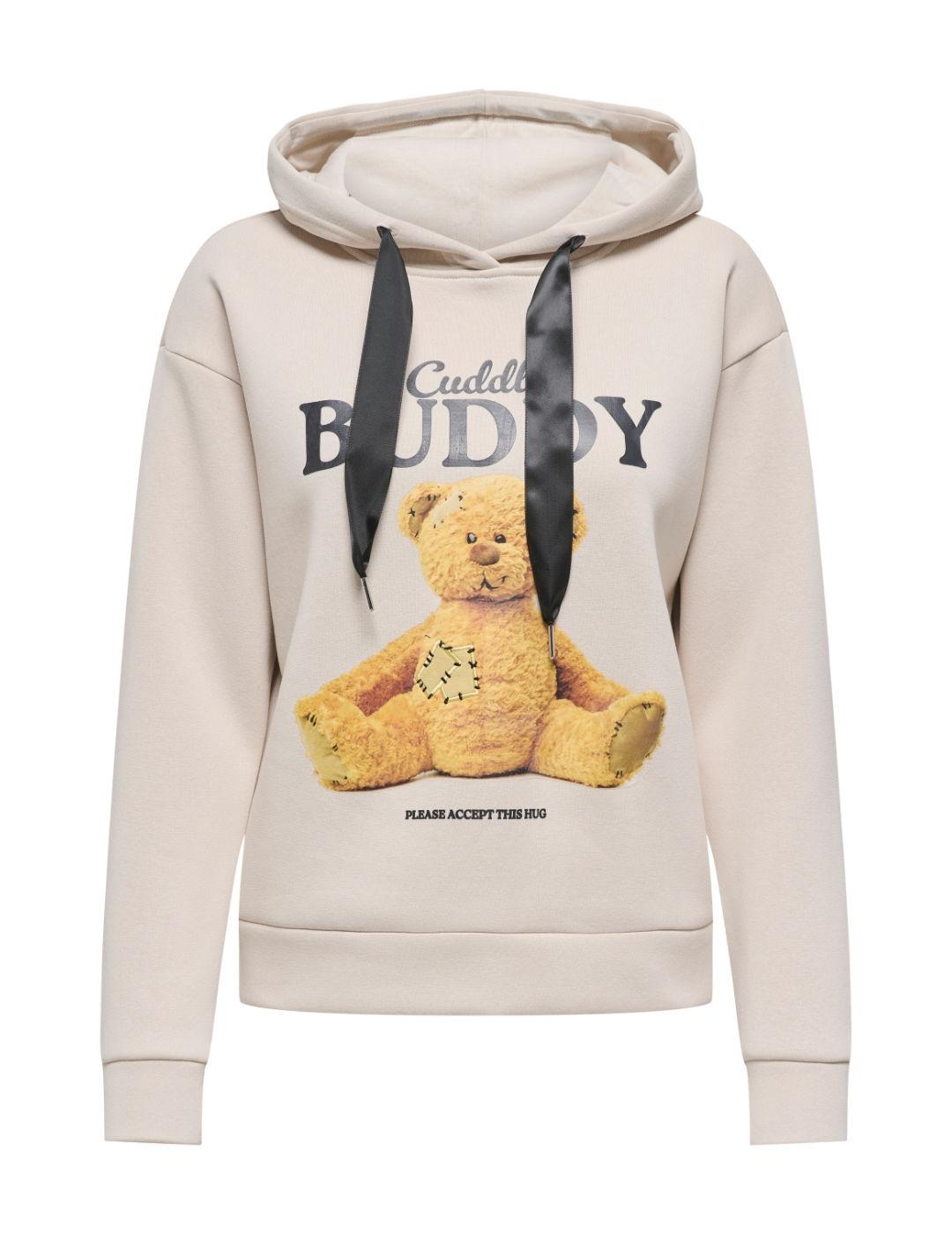 Sudadera Only Ricky beige dibujo osito capucha de mujer