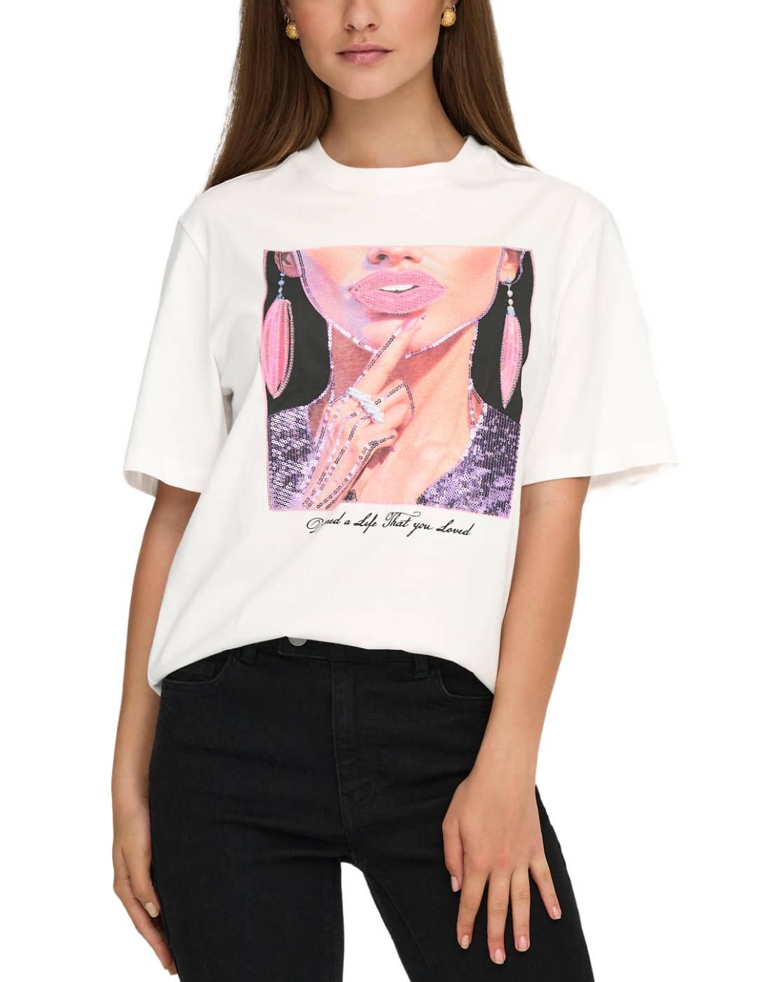 Camiseta Only manga corta Siff labios blanca para mujer