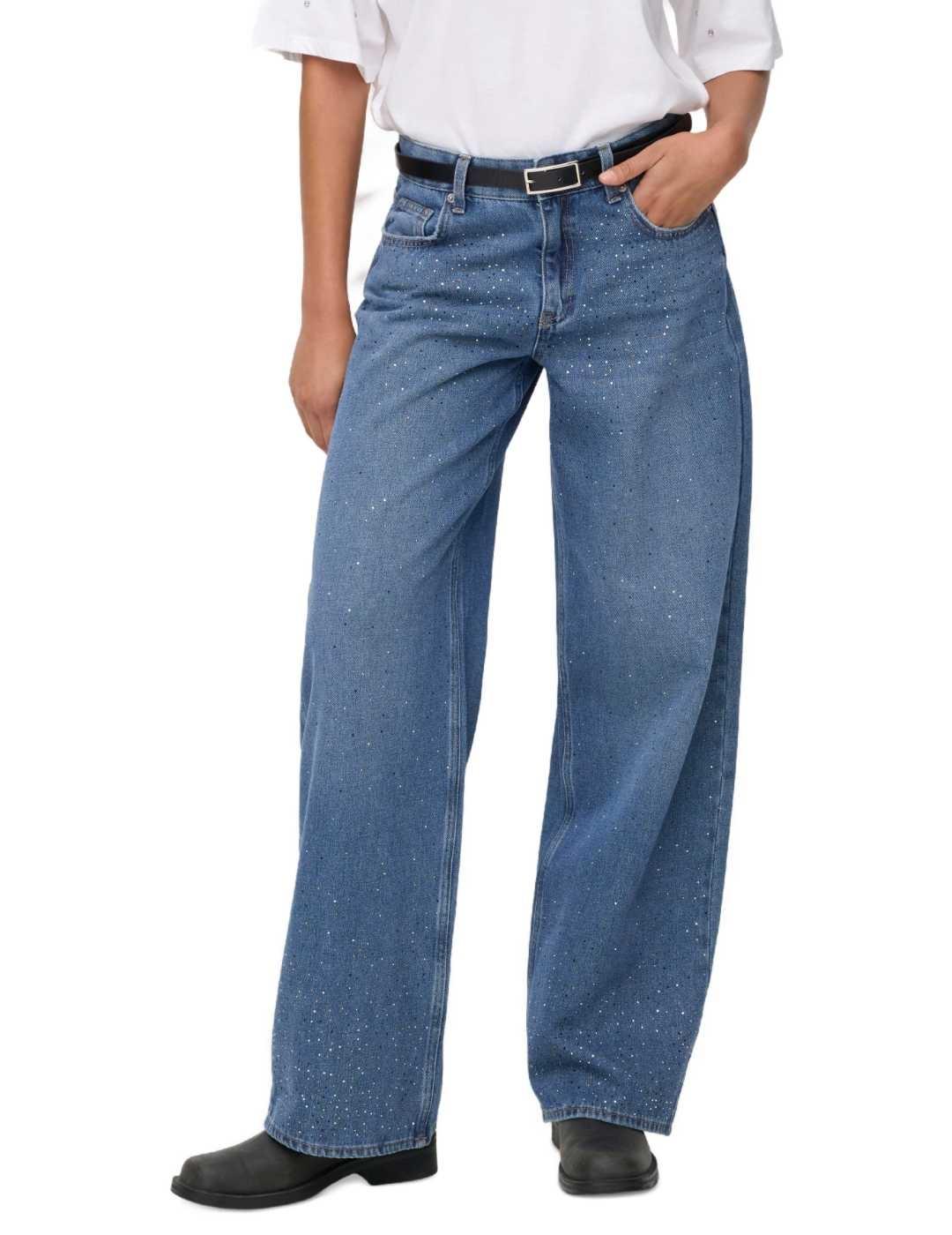 Vaquero Only Cath azul strass wide leg para mujer