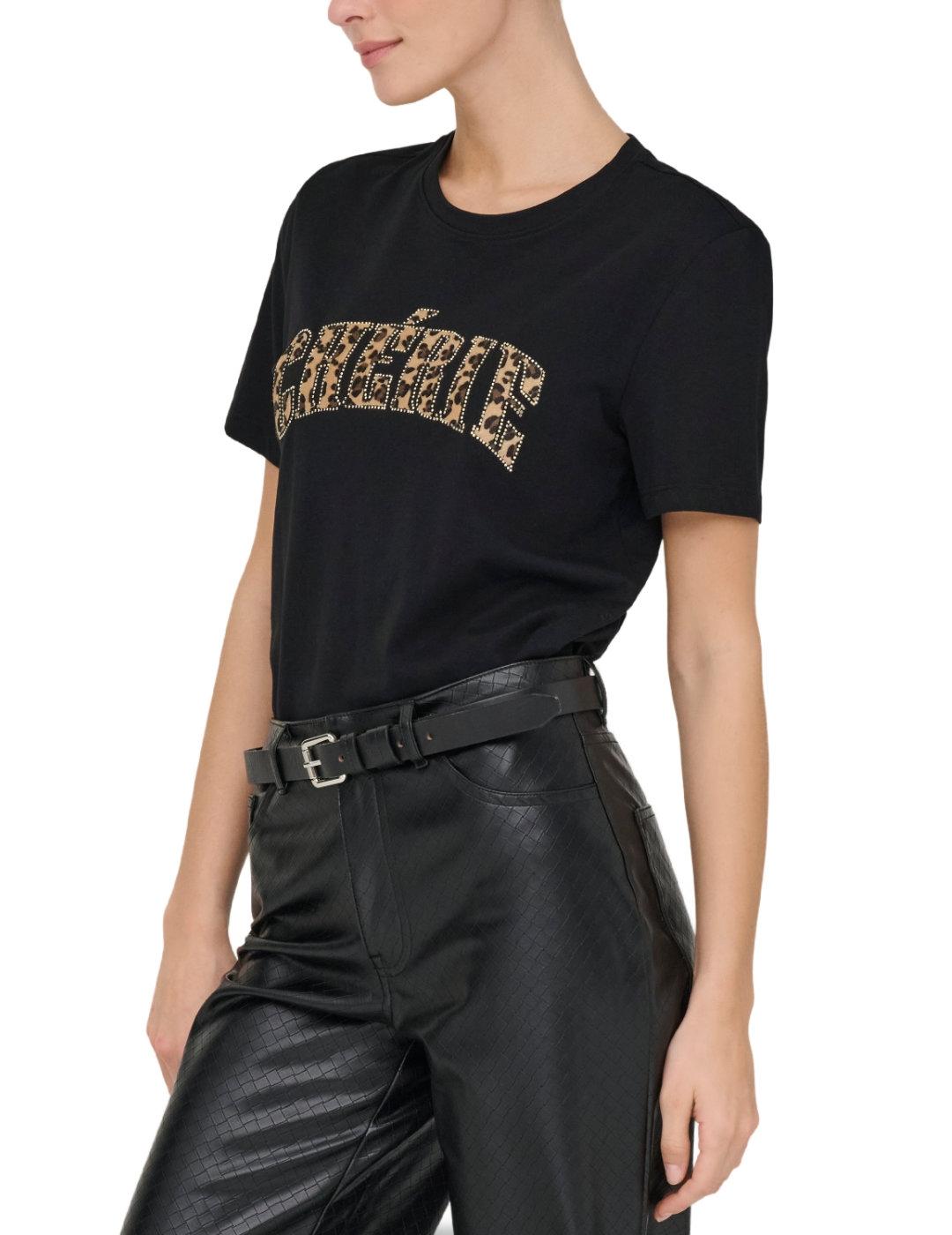 Camiseta Only Ditte cherie negra detalle leopardo para mujer