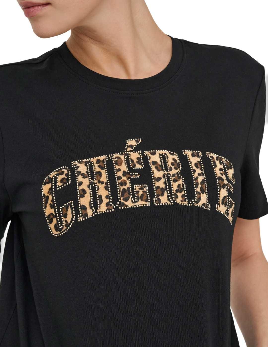 Camiseta Only Ditte cherie negra detalle leopardo para mujer