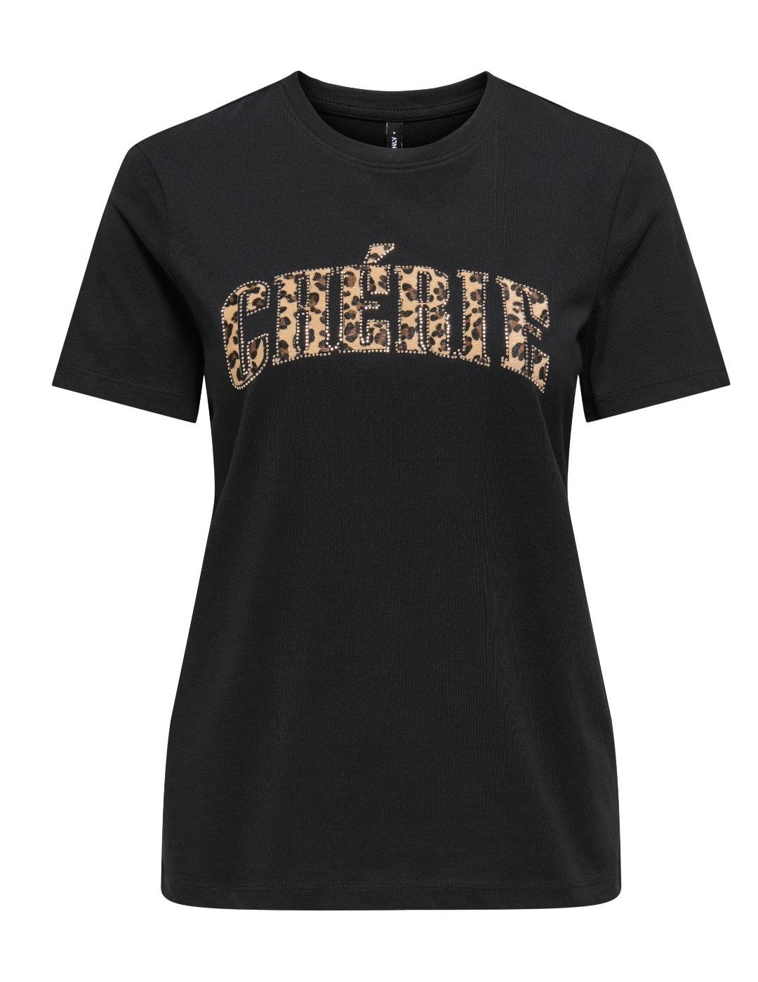 Camiseta Only Ditte cherie negra detalle leopardo para mujer