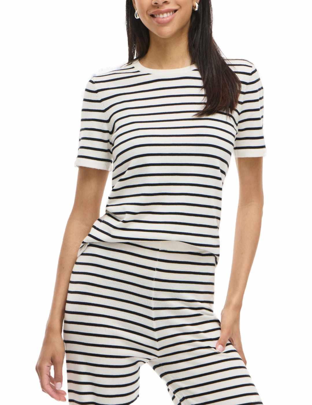 Camiseta Vila de punto manga corta blanca raya negra mujer