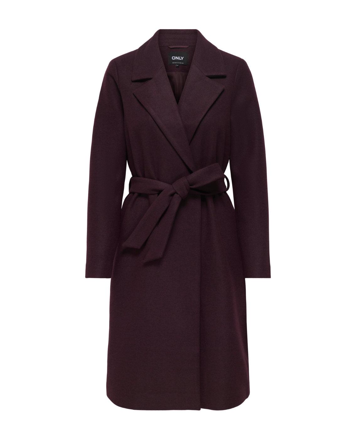 Abrigo Only Alvilda burdeos largo con cinturón para mujer