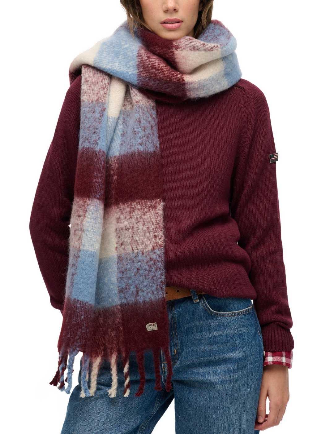 Bufanda Superdry Check cuadros azules y burdeos de mujer