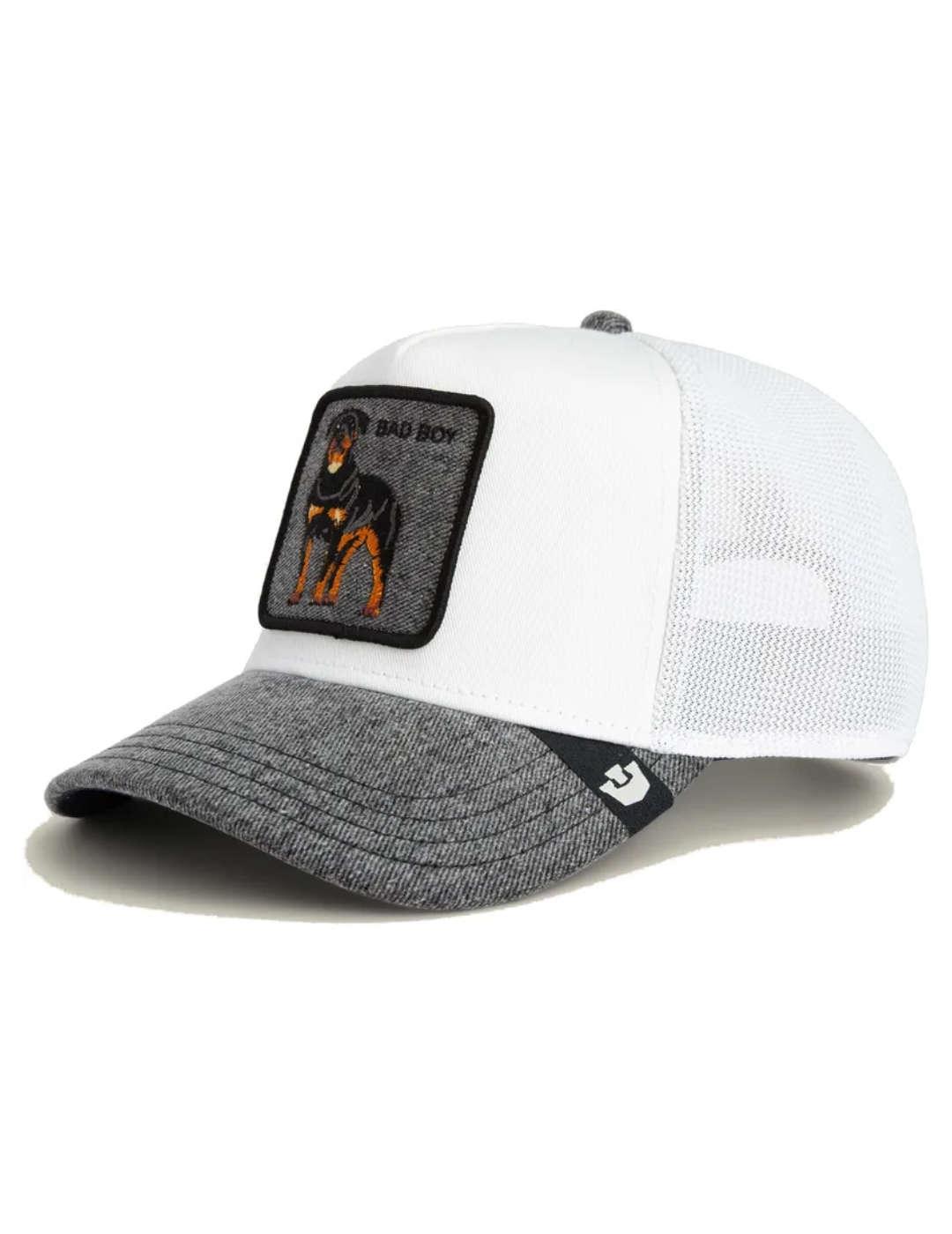 Gorra Goorin Denim Bad Boy Doberman blanca y gris unisex