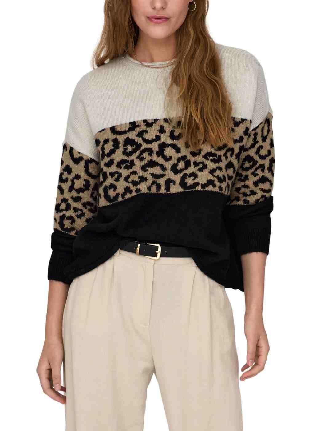 Jersey Only Jade print leopardo tricolor punto para mujer