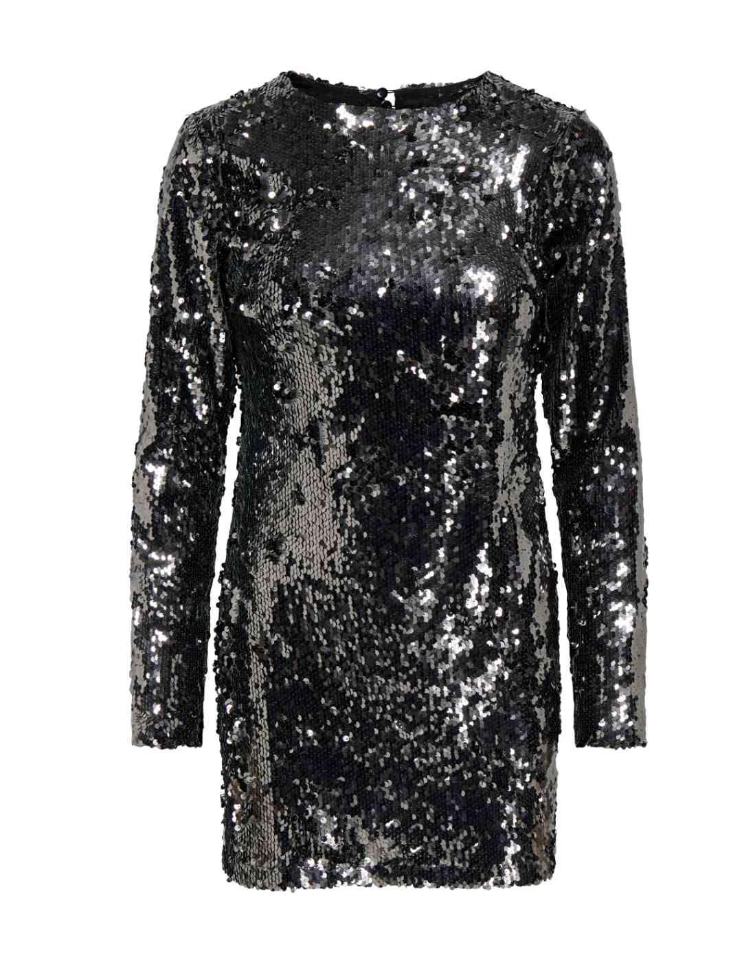 Vestido Only Evelda plata negro corto lentejuelas para mujer