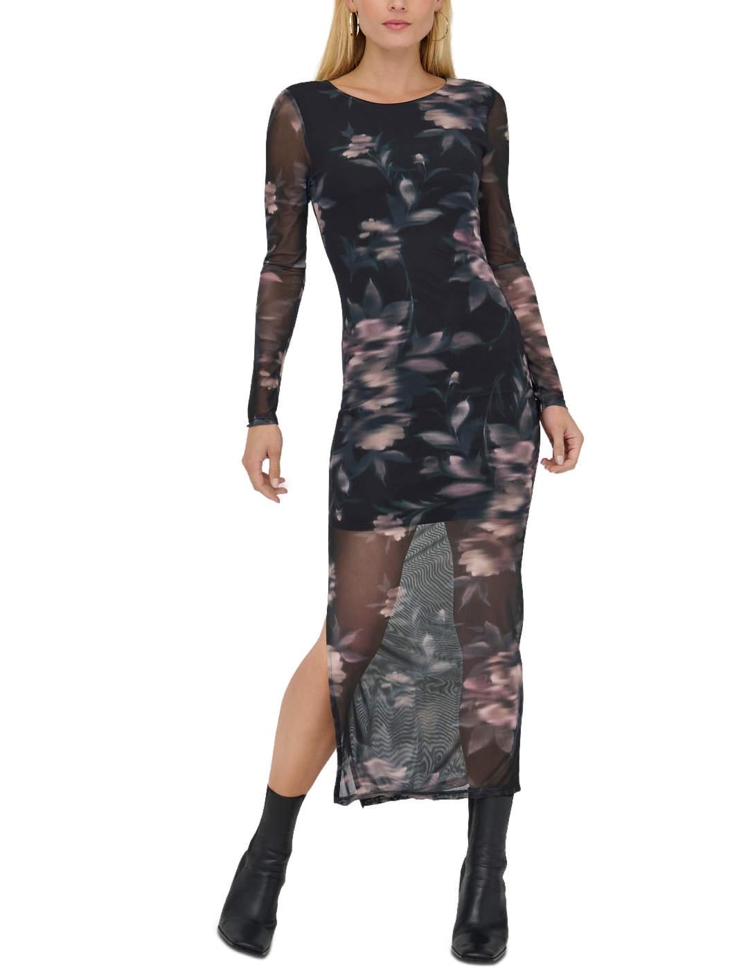 Vestido Only Kaya negro tul flores largo manga para mujer