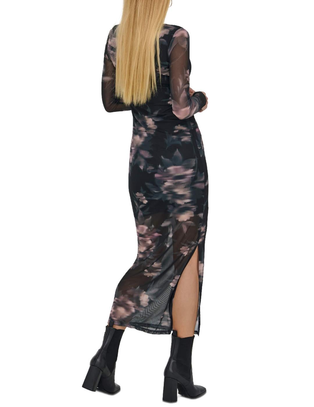 Vestido Only Kaya negro tul flores largo manga para mujer