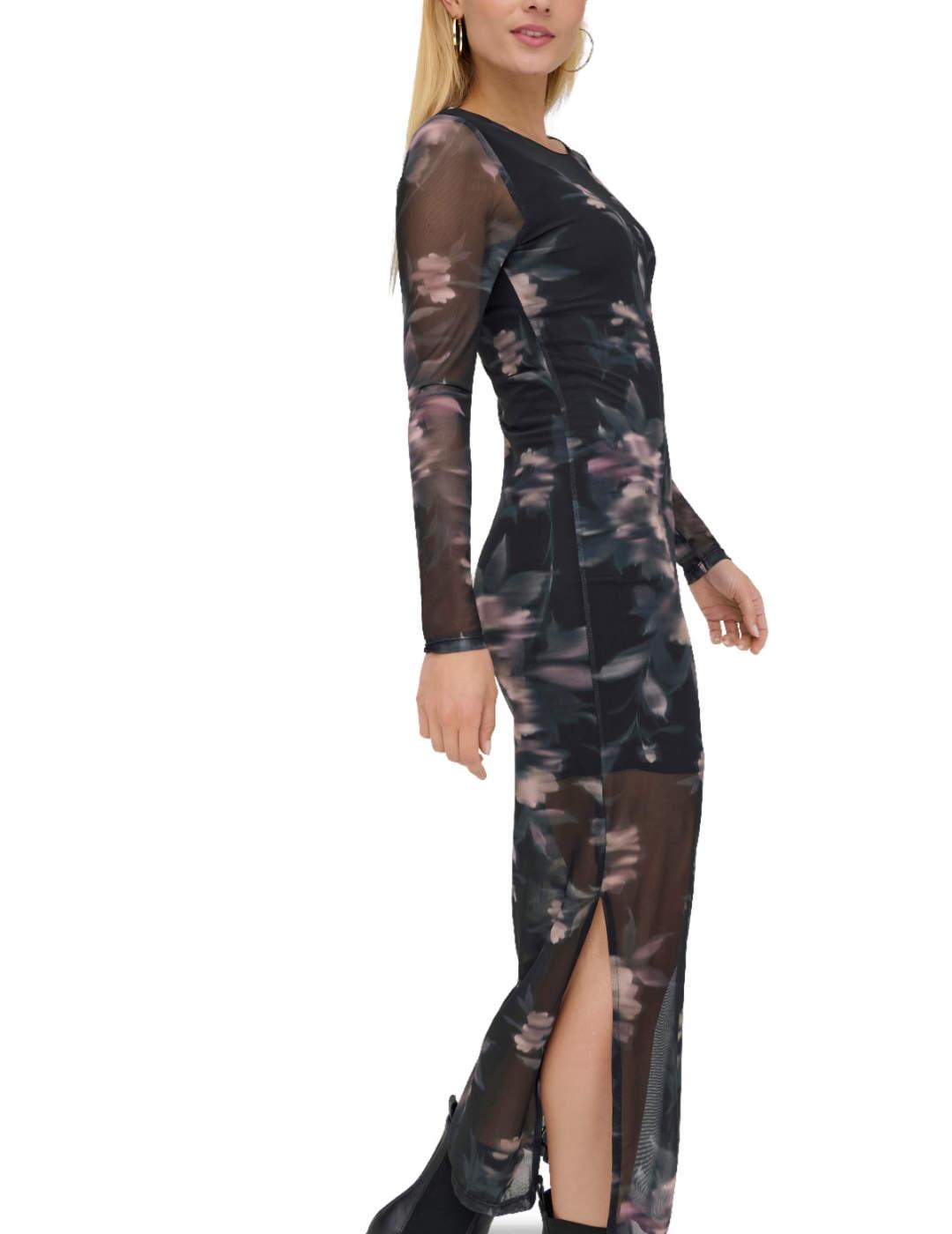 Vestido Only Kaya negro tul flores largo manga para mujer