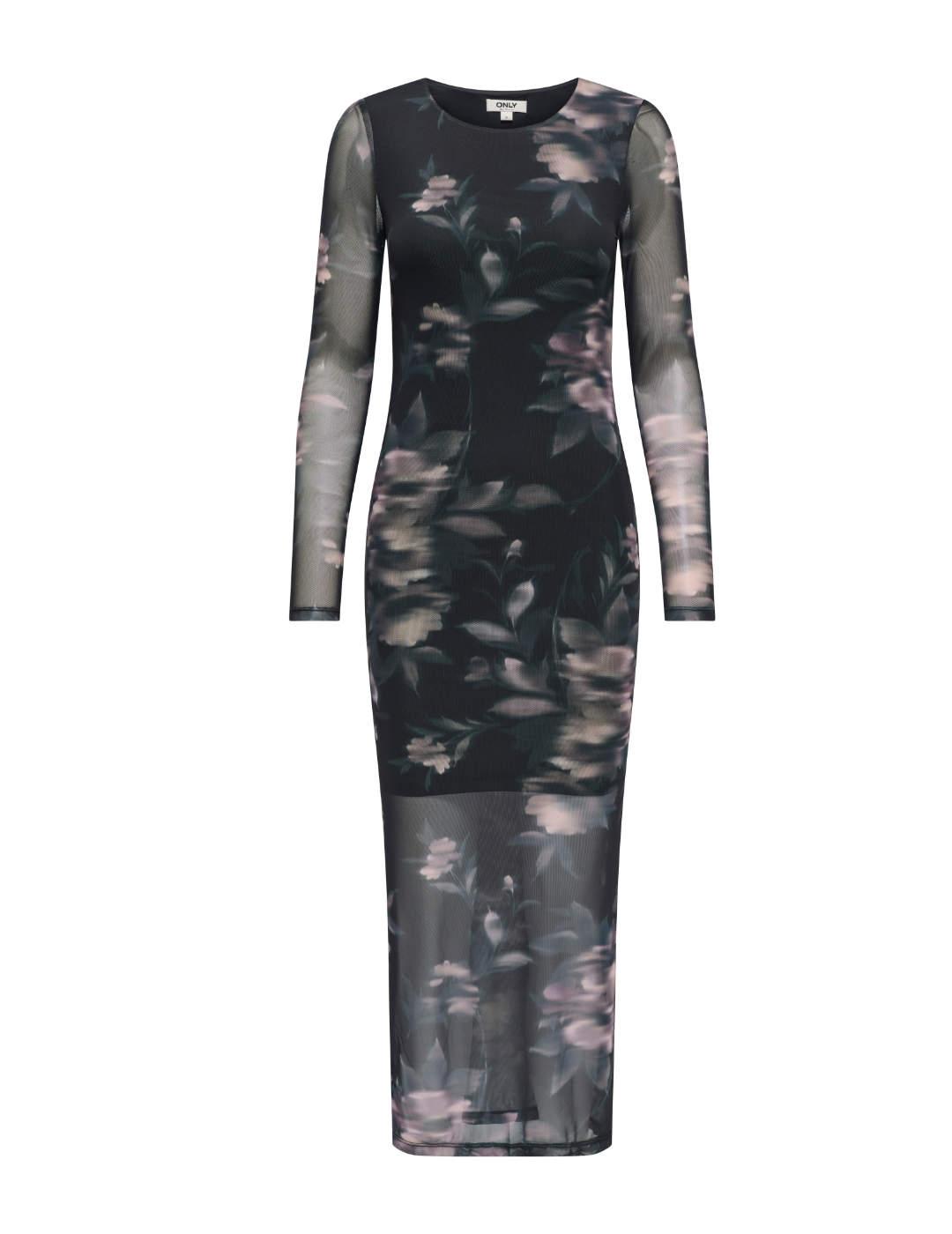 Vestido Only Kaya negro tul flores largo manga para mujer