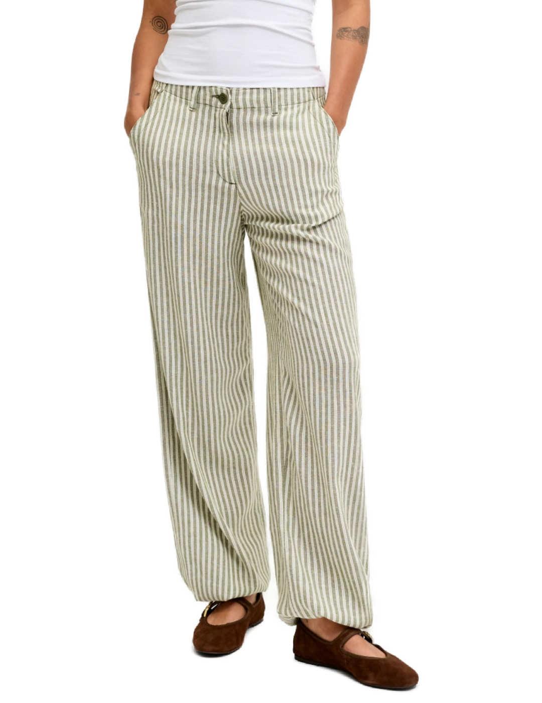 Pantalón JJXX Emily verde raya de lino para mujer